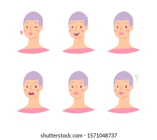 Cartoon set of European woman emoticons. Emotion female icons. Isolated girl avatars with different facial expressions. Vector illustration of emotional faces for stickers, web, social network account