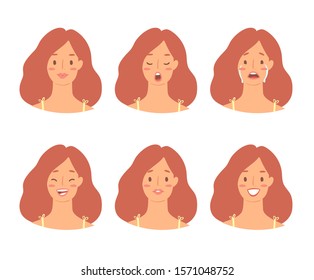 Cartoon set of European woman emoticons. Emotion female icons. Isolated girl avatars with different facial expressions. Vector illustration of emotional faces for stickers, web, social network account