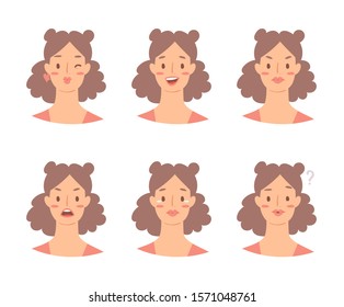 Cartoon set of European woman emoticons. Emotion female icons. Isolated girl avatars with different facial expressions. Vector illustration of emotional faces for stickers, web, social network account