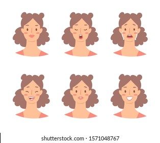 Cartoon set of European woman emoticons. Emotion female icons. Isolated girl avatars with different facial expressions. Vector illustration of emotional faces for stickers, web, social network account