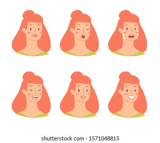 Cartoon set of European woman emoticons. Emotion female icons. Isolated girl avatars with different facial expressions. Vector illustration of emotional faces for stickers, web, social network account