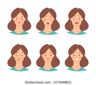 Cartoon set of European woman emoticons. Emotion female icons. Isolated girl avatars with different facial expressions. Vector illustration of emotional faces for stickers, web, social network account
