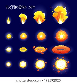 Conjunto de caricaturas con efectos de explosión de diferente tamaño y forma para la animación flash aislada en la ilustración vectorial de fondo azul oscuro