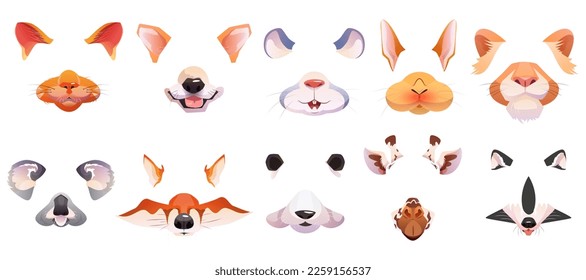 Cartoon set of face filter with cute animal masks for selfie photo or video chat. Ears and nose of cat, dog, fox, raccoon, rabbit, lion, koala, mouse and giraffe for mobile phone app or social content