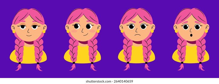 Cartoon set of facial expressions of a girl with pink hair and two pigtails, with various emotions for animation and character design