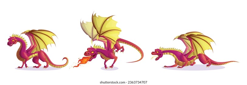 Cartoon set of fairytale dragon character with fire breath isolated on white background. Vector illustration of wild monster, animal with tail, claws, scary yellow eyes and flame coming out of mouth