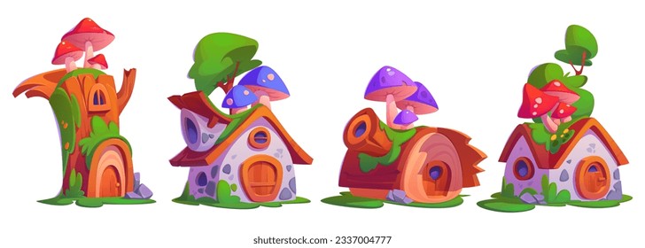 Cartoon set of fairytale gnome houses isolated on white background. Vector illustration of fantasy tree stump and stone huts with wooden door, porch and window, mushrooms, moss on roof. Dwarf home