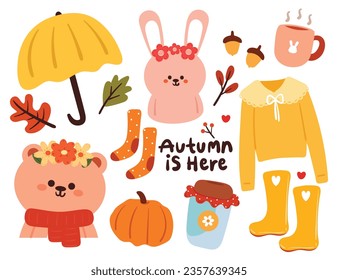 cartoon set of fall autumn vibes sticker set. hand drawing lettering, cute animal sticker, decor element. cute colorful illustration sticker