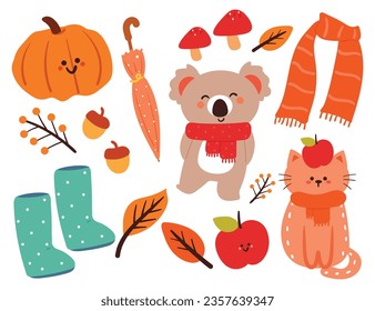 cartoon set of fall autumn vibes sticker set. hand drawing lettering, cute animal sticker, decor element. cute colorful illustration sticker