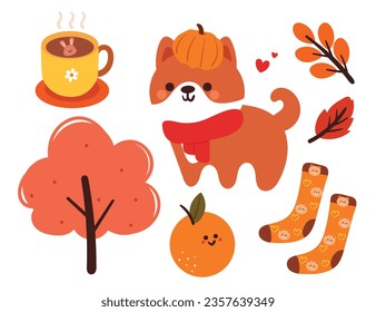 cartoon set of fall autumn vibes sticker set. hand drawing lettering, cute animal sticker, decor element. cute colorful illustration sticker