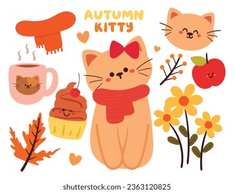 cartoon set of fall autumn vibes sticker set. hand drawing lettering, cute animal sticker, decor element. cute colorful illustration sticker