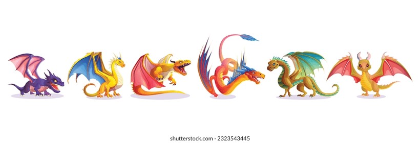 Cartoon set of fantasy dragons isolated on white background. Vector illustration of magic reptile characters with wings, tails and sharp fangs. Medieval adventure game monster, fairy tale creature