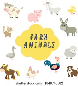 cartoon set of farm animals in flat style, cute vector illustrations with hand lettering, cow, pig, donkey, horse, goat, sheep, cat, dog, goose, chicken, rooster, duckling on an isolated background