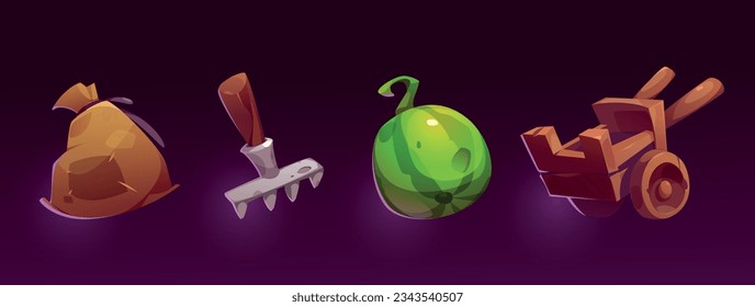 Cartoon set of farm game assets isolated on background. Vector illustration of old sack, garden rake, watermelon, wooden cart. Gardening tools and fruit harvest. User interface design elements