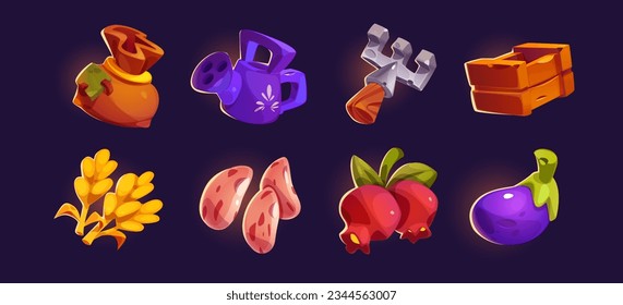 Cartoon set of farm game assets and harvest isolated on background. Vector illustration of sack, garden rake, wooden crate, grain, beans, pomegranate, eggplant. Gardening tools, fruit and vegetables