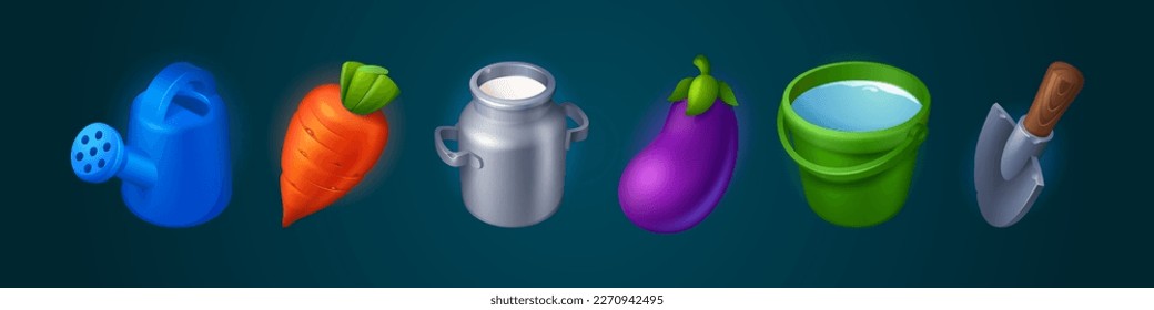 Cartoon set of farm game icons isolated on dark background. Vector cartoon illustration of 3D watering can, bucket, shovel, milk jar, carrot and eggplant. Vegetable harvest. Gui design elements