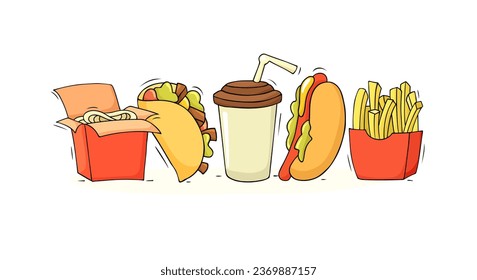 Cartoon set with fast food icons. Doodle cute banner with meal - hotdog, potato, coffee. Hand drawn vector illustration for menu design.