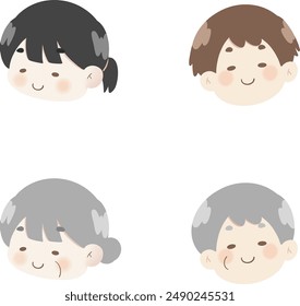 A cartoon set featuring a girl with black hair in a ponytail, a boy with brown hair and a smile, an old woman with gray hair and a smile, and an old man with gray hair and a smile.