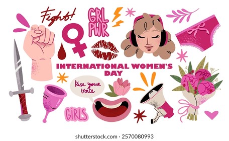 Cartoon set of feminist stickers for International Women's Day, March 8. Collection of girl power patches and labels. Flowers, megaphone, portrait of a woman, menstrual cup, sword