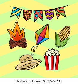 Cartoon set for Festa Junina related items. Bonfire, popcorn, straw hat, flags, corn and balloon.