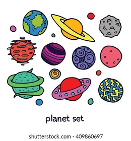 Cartoon set of fictional planets. Fantasy worlds collection. Cute vector illustration.. 