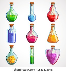 Cartoon set of flasks with magic potion of different colors. Vector illustration