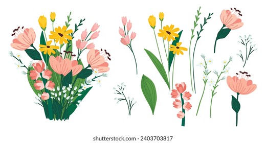 Cartoon set of flowers and twigs and  composition made from them.Floral collection isolated on white background.Vector plants for creating postcards,banners,flyers,patterns.Hand drawn illustration.