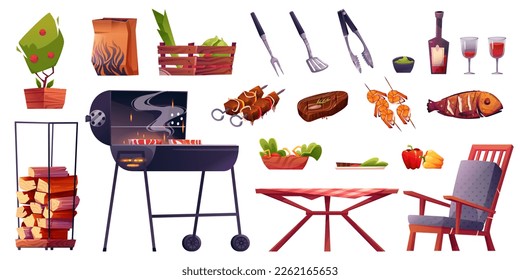 Cartoon set of food and furniture for bbq picnic design isolated on white background. Vector illustration of chair and table, grill, cooked meat, fish and vegetable dishes. Barbeque party elements