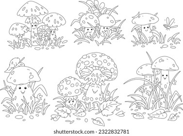 Cartoon set of forest mushrooms among grass, funny Kawaii characters, black and white outline vector illustrations for a coloring book