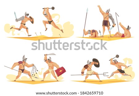Cartoon set of four compositions with fighting armed roman gladiators isolated vector illustration
