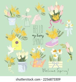 Cartoon Set with Fresh Spring Flowers Bouquets