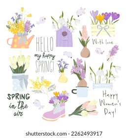 Viñeta de dibujos animados con flores de primavera frescas, buquetas y aves