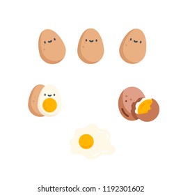 Cartoon set of fried, boiled, half, sliced eggs. Vector illustration.  
