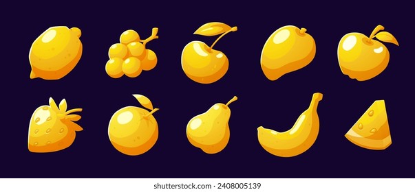 Cartoon set of fruit icon for ui and game design, vector illustration isolated on black background. Gold food elements, collection of different fruit. Objects for app, casino or slot machine