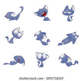 Cartoon set with fun cat. Vector Illustrations