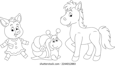 Cartoon set of funny animals with a merrily dancing piglet in a dress, a little garden snail and a friendly smiling foal, black and white outline vector illustration for a coloring book