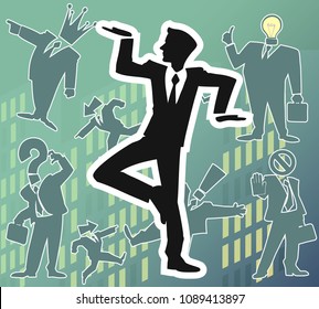 Cartoon set of funny and awesome team of amazing business characters in silhouette