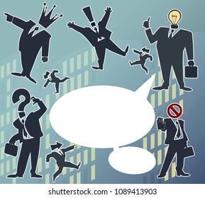 Cartoon set of funny and awesome team of amazing business characters in silhouette