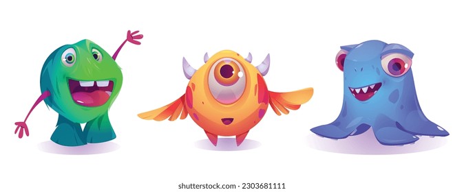 Cartoon set of funny baby monsters isolated on white background. Vector illustration of cute alien characters with happy faces, fangs, horns, sweet cyclope mascot with wings. Comic colorful creatures