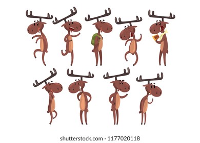 Cartoon set of funny brown moose in various poses. Eurasian elk with big horns Mammal forest animal character. Zoo theme. Flat vector for postcard or children s book