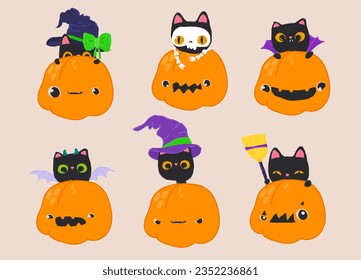 Cartoon Set with Funny Cats wearing Halloween Costumes and sitting in Pumpkins