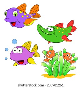 Cartoon set of funny color fishes.