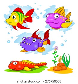 Cartoon set of funny color fishes.