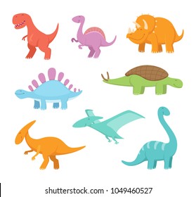 Cartoon set of funny dinosaurs. Vector pictures of prehistoric period. Dinosaur prehistoric, animal dino character, reptile triceratops illustration