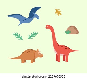 Juego de dibujos animados de dinosaurios divertidos. Ilustración vectorial de los personajes de los lindos dinosaurios