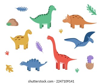 Cartoon set of funny dinosaurs. Vector illustration of cute dinosaur characters