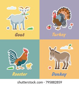 Cartoon set funny farm animals with goat, turkey, rooster and donkey. Happy farming pet stickers collection.