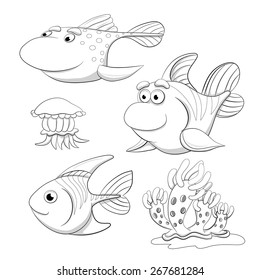 Cartoon set of funny fishes, jellyfish and mollusc. Coloring book.