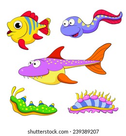 Cartoon set of funny fishes and molluscs.