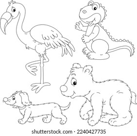 Juego de dibujos animados de flamingo divertido, un oso polar, un dinosaurio y un dachshund, ilustraciones de un vector de contorno en blanco y negro para un libro de colorantes